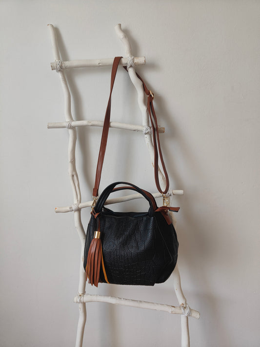 Bolso shopping en polipiel negro y camel