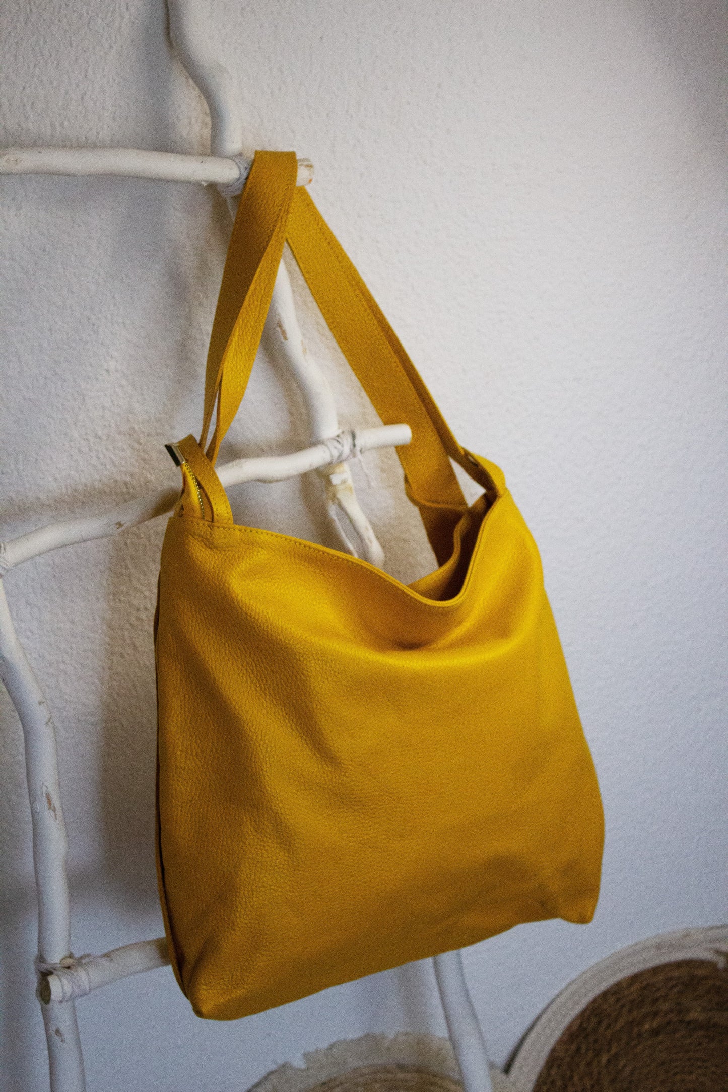 Bolso mochila, piel, amarillo mostaza de piel